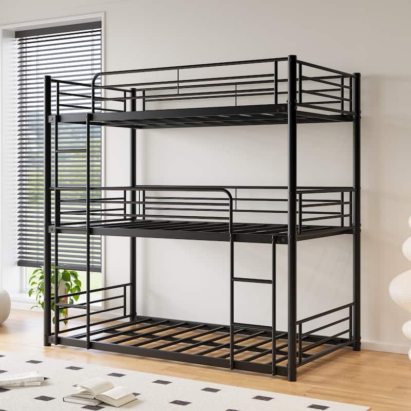 Triple Twin Bunk Bed, Twin Over Twin Over Twin Metal Bed Frame with Guardrails & 2 Ladders, Heavy Duty Space Saving Bed