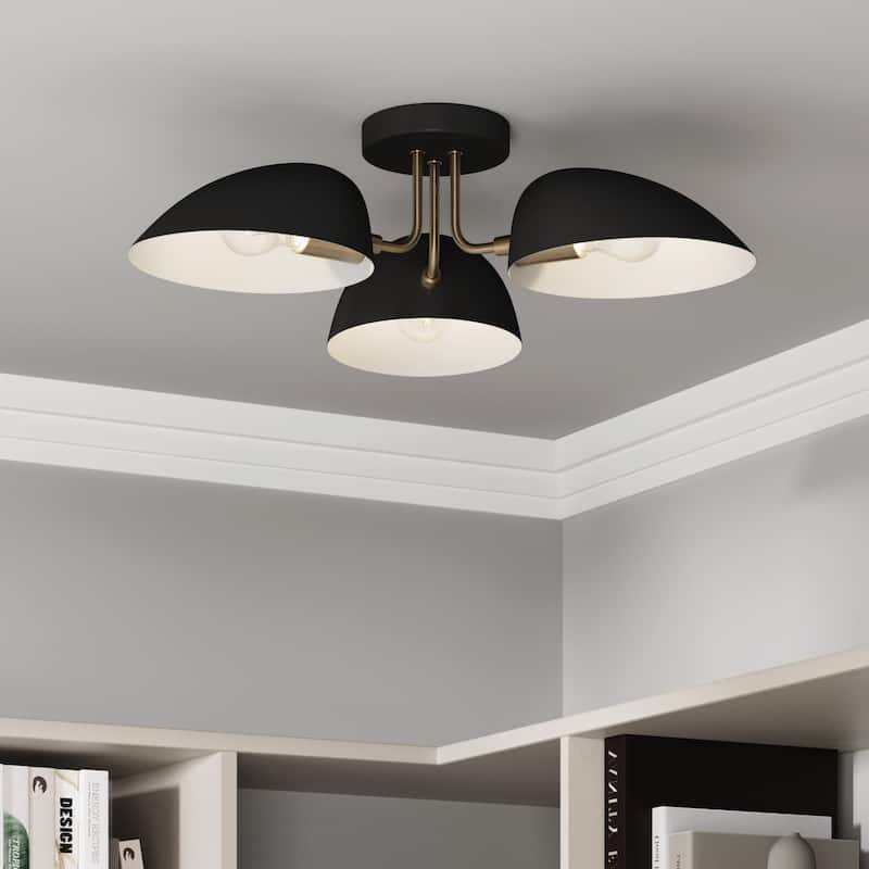 Nathan James Argo Semi Flush Ceiling Mount 3-Light Fixture with Retro Rounded Shade - Black