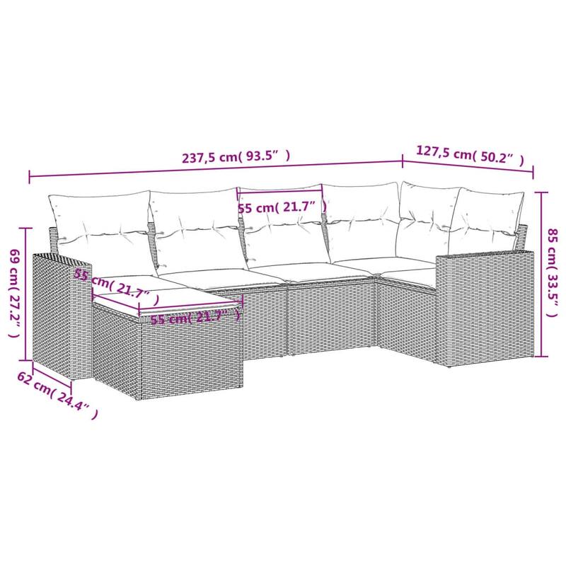 vidaXL Patio Sofa Set with Cushions Outdoor Conversation Furniture Poly Rattan - 25.8" x 24.4" x 27.2"