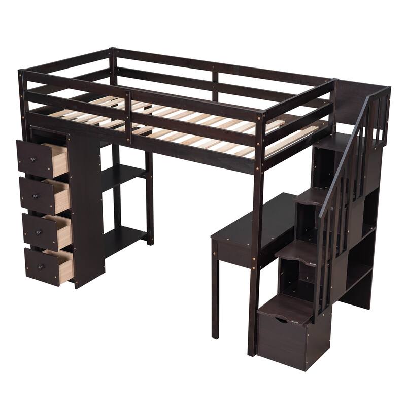 Twin Size Loft Bed with Storage, Desk, Stairs, and Shelves in Espresso Finish