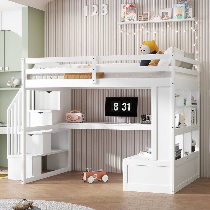 Full Size Loft Bed with Desk, Shelves, Drawers, and Storage Staircase in White - White