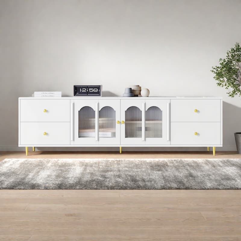 70.9"Modern TV Stand with Glass Doors - 4-Drawer Media with Adjustable Metal Legs - White