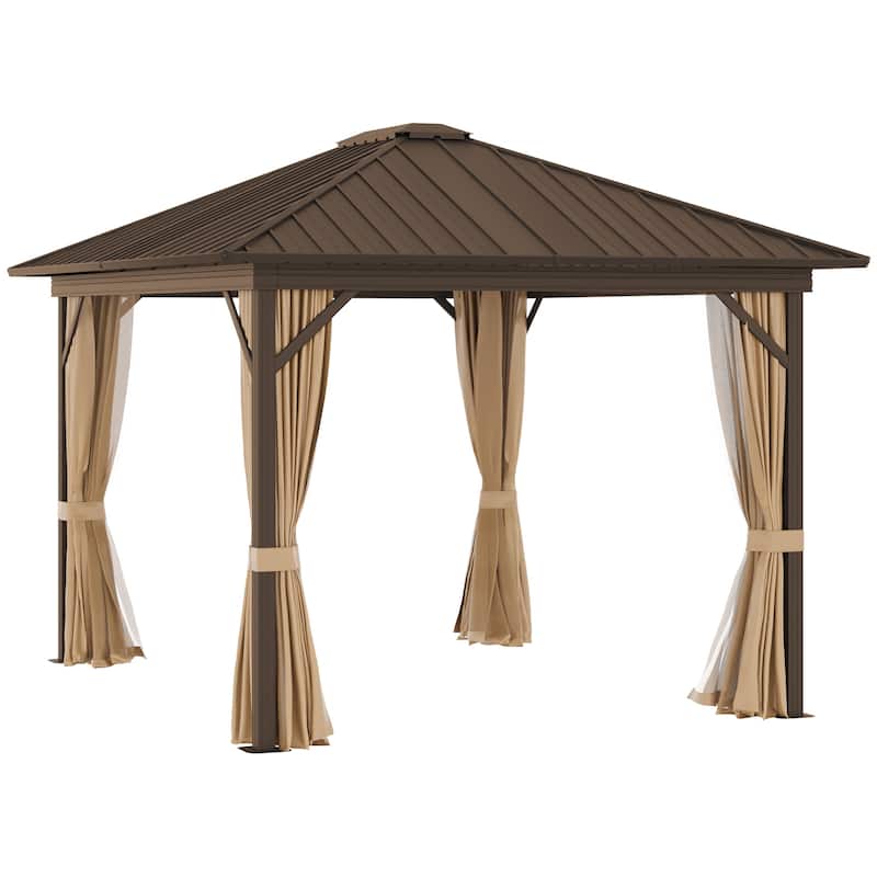 Outsunny 10' x 12' Outdoor Hardtop Gazebo Metal Roof Patio Gazebo with Aluminum Frame, Mesh Netting, Curtains, Brown