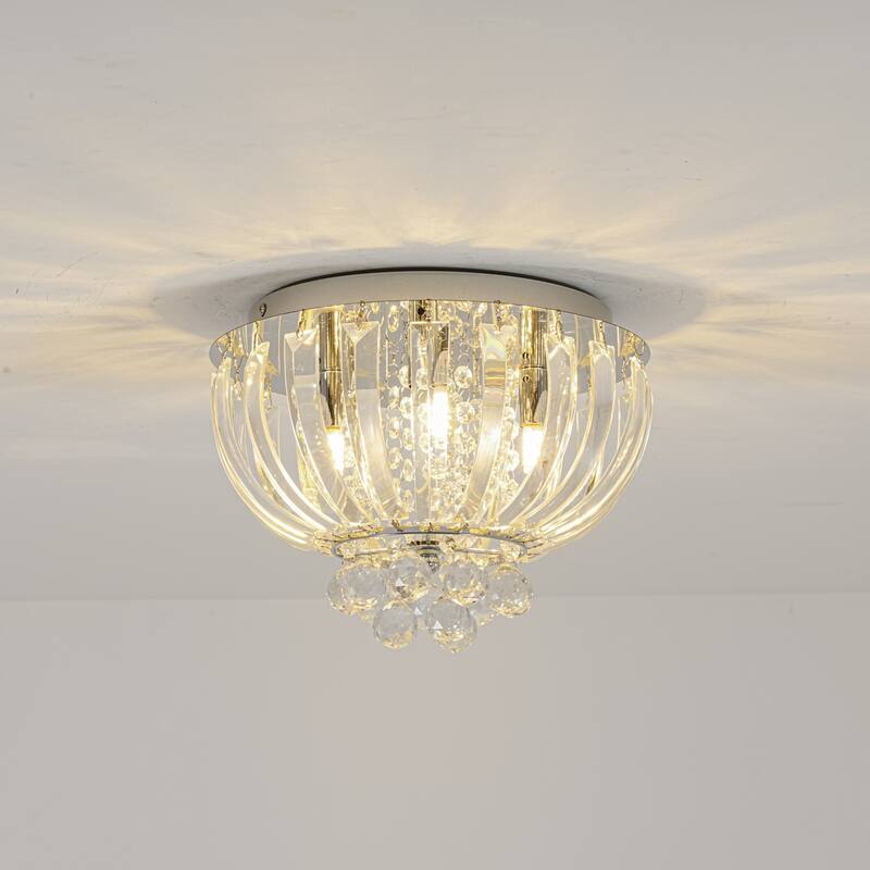 3-Light Transitional Metal & Crystal Flush Mount with Sparkling Clear Crystal Shade for Living Room - 11.8 in. W x 8 in. H