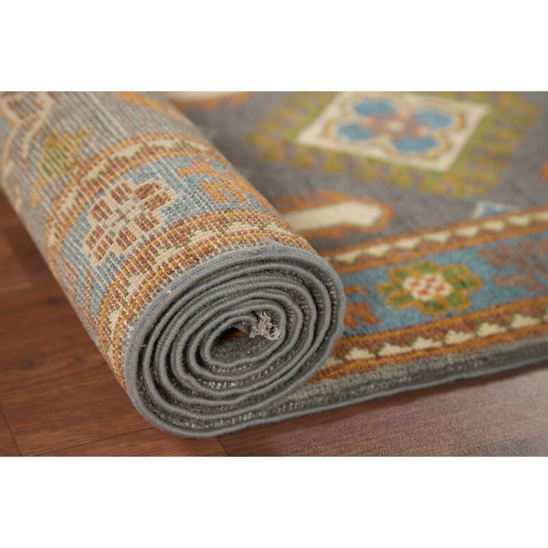 Gray Geometric Kazak Oriental Runner Rug Handmade Grey Wool Carpet - 2'1" x 10'1"