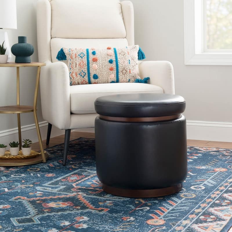 Rue Faux Leather Round Storage Ottoman - Black