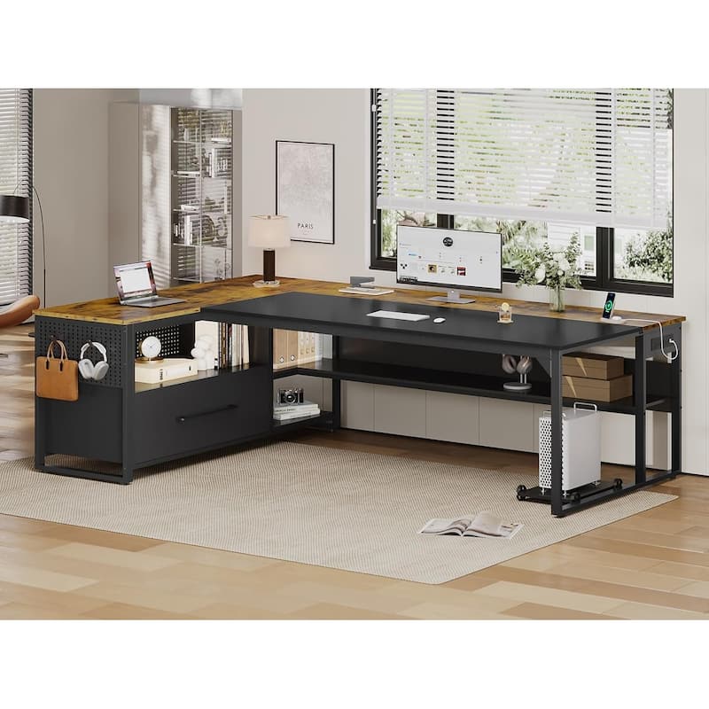 Executive Desk L Shaped Desk File Drawers Power Outlets Computer Desk - File Drawer - Brown