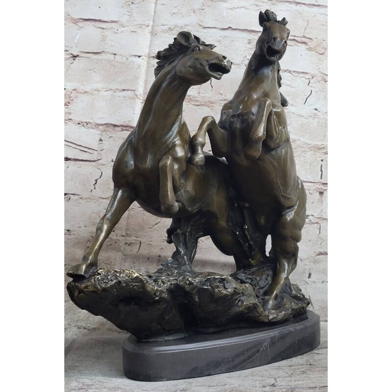 Pair Of Wild Stallion Mustang Imitative Horses Bronze Statue Sculpture Figure Mene 14 Inches X 12 Inches