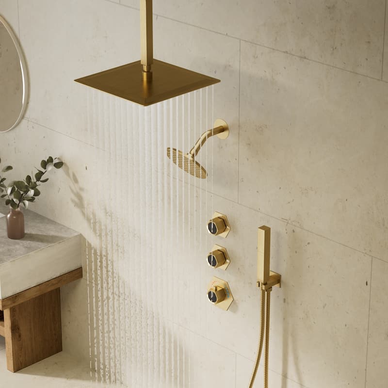 GRANDJOY Thermostatic Shower Faucet Set 12" Ceiling and 6" Wall Mount Rainfall Dual Shower Heads with Handheld Spray Combo