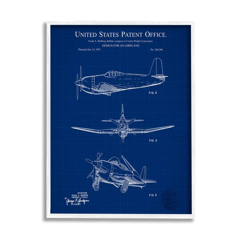 Stupell Blueprint Patent Airplane Diagram Framed Giclee Art, Design by Karl Hronek - 11 x 14 - White