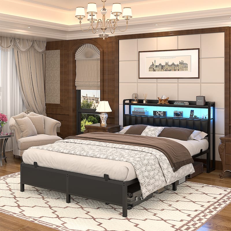 Platform Bed Frame with Upholstered Storage Headboard, Full/ Queen/ King Beds with Charge Station and LED Lights