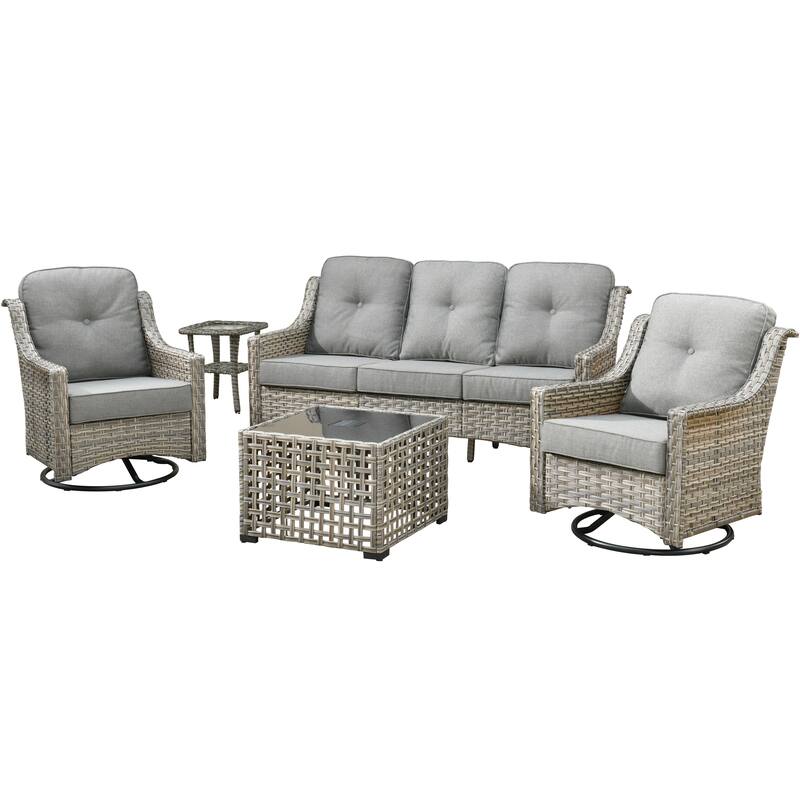 HOOOWOOO 5-piece Rattan Wicker Outdoor Conversation Set with Swivel Chair and Coffee Table