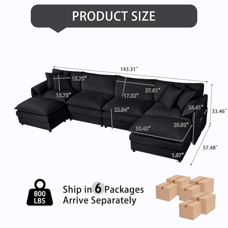 143.31" Chenille Upholstered U-Shaped Modular Sectional Sofa with Double-Layer Cushions, DIY Combination
