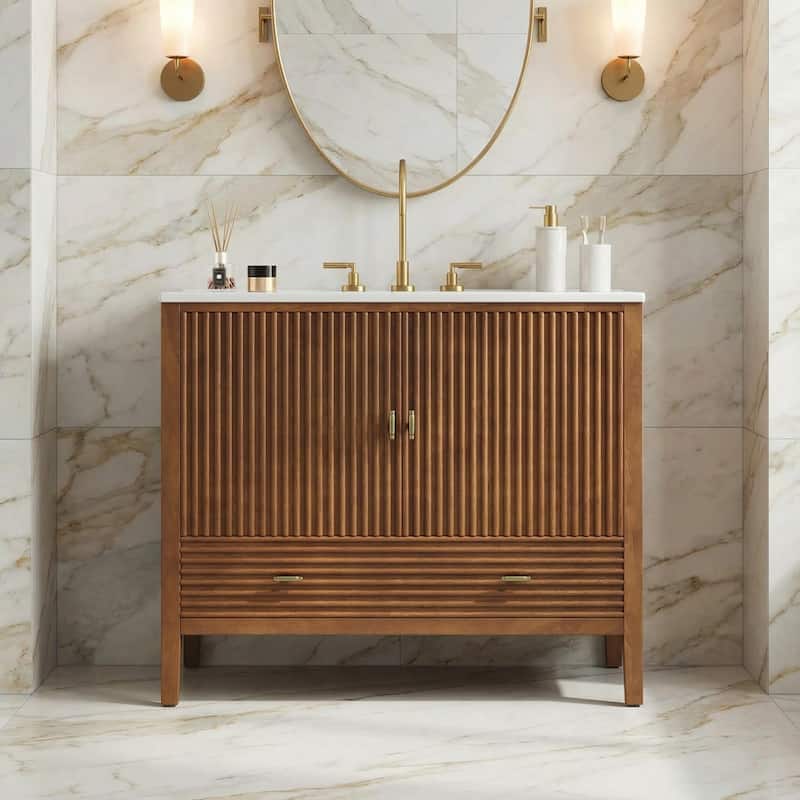 Christopher Knight Home - Mid-Century Freestanding Bathroom Vanity with Ceramic Sink, Flip-Up & Dual Drawers - 36"W - Walnut Finish
