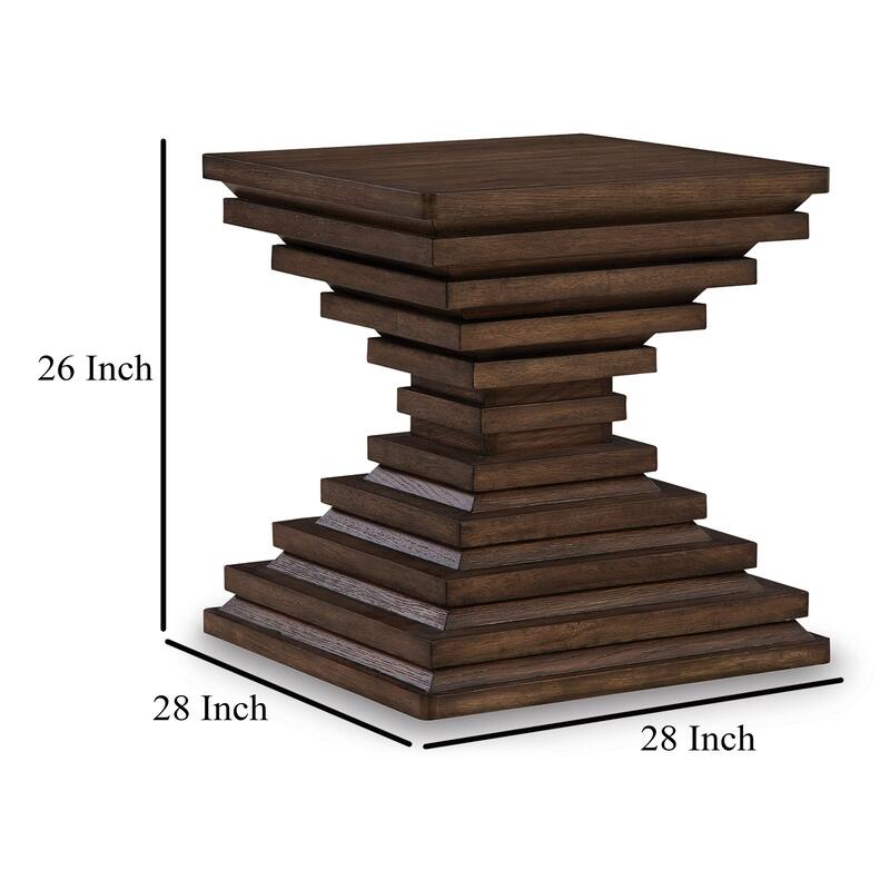 Reem Side End Table, Square Geometric Hourglass, 28 Inch Dark Brown