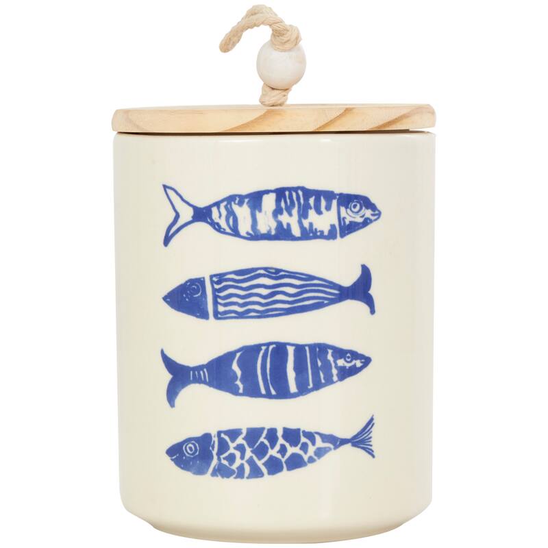 Cream or Blue Ceramic Canisters with Brown Wood Lids and Beaded Accents (Set of 3)