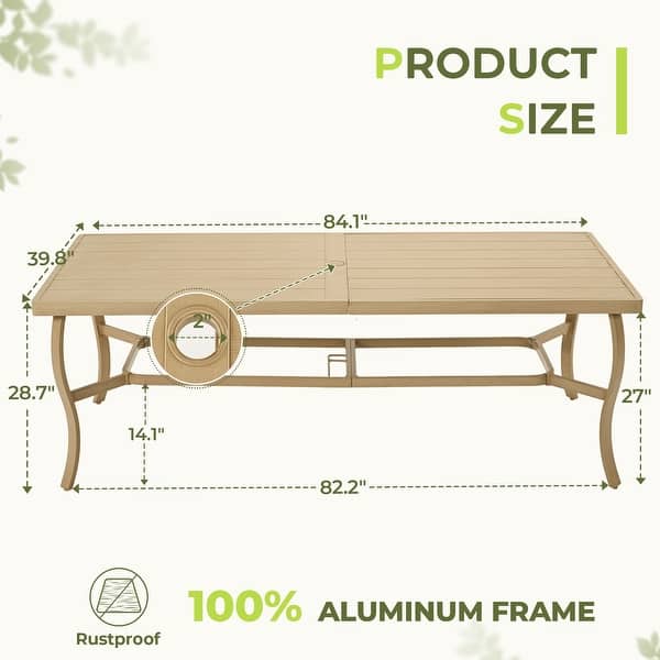 84 ornate glass top patio table with umbrella Outdoor Dining Table for 8, 84 Inch Aluminum Patio Table with Umbrella Hole, All Weather Rectangle Outdoor Table for Backyard Garden Poolside, Grey