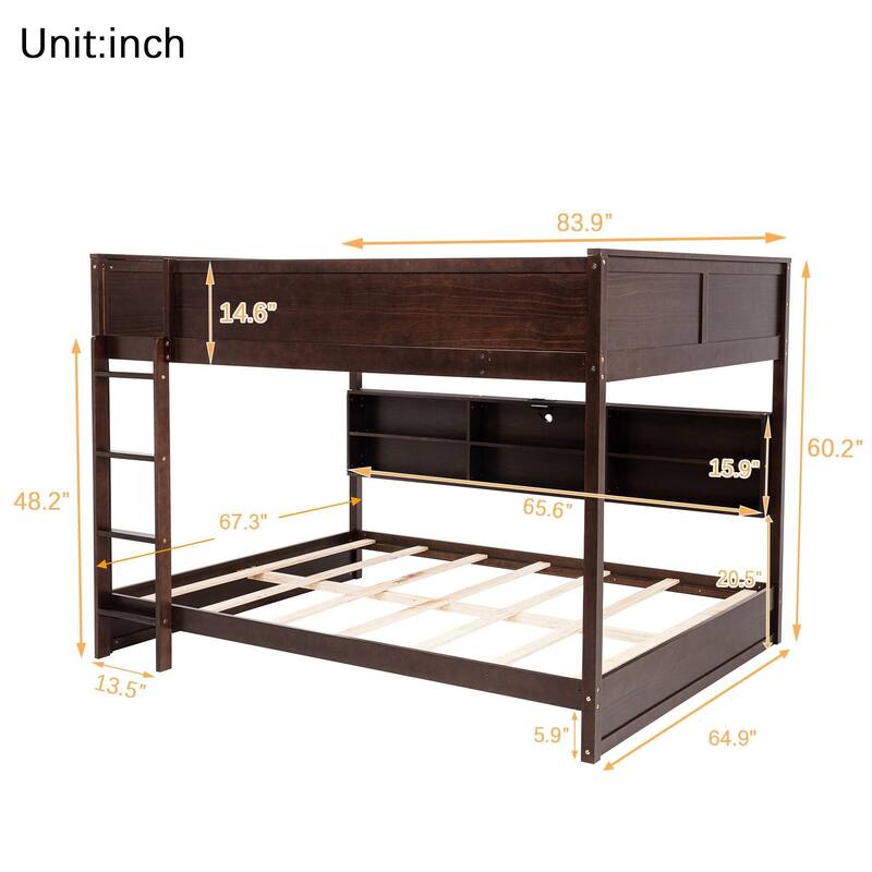 Queen Over Queen Bunk Bed with Built-in Storage Cabinets,Charging Station,Ladder,Safety Guardrails