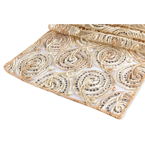 12 Pieces, Ribbon Embroidery w/Sequin Table Runner Approx. 12"x108" Material: Polyester, Organza, Sequin - Champagne