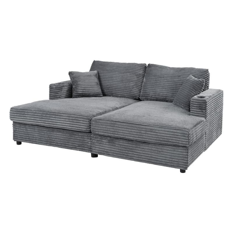Modern Double Chaise Lounge Sofa with USB Ports and Cup Holders and Corduroy Upholstery for Living Rooms or Guest Spaces