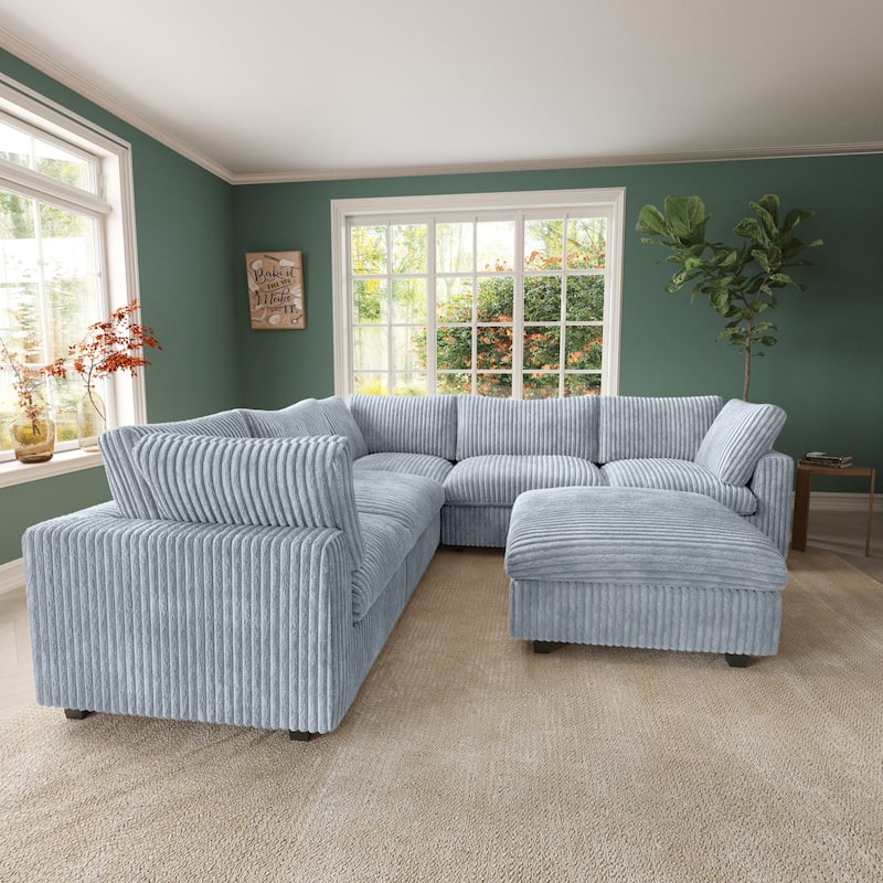 118" Modular V Shaped Sectional Couches with Ottoman, Removable Covers, Grey