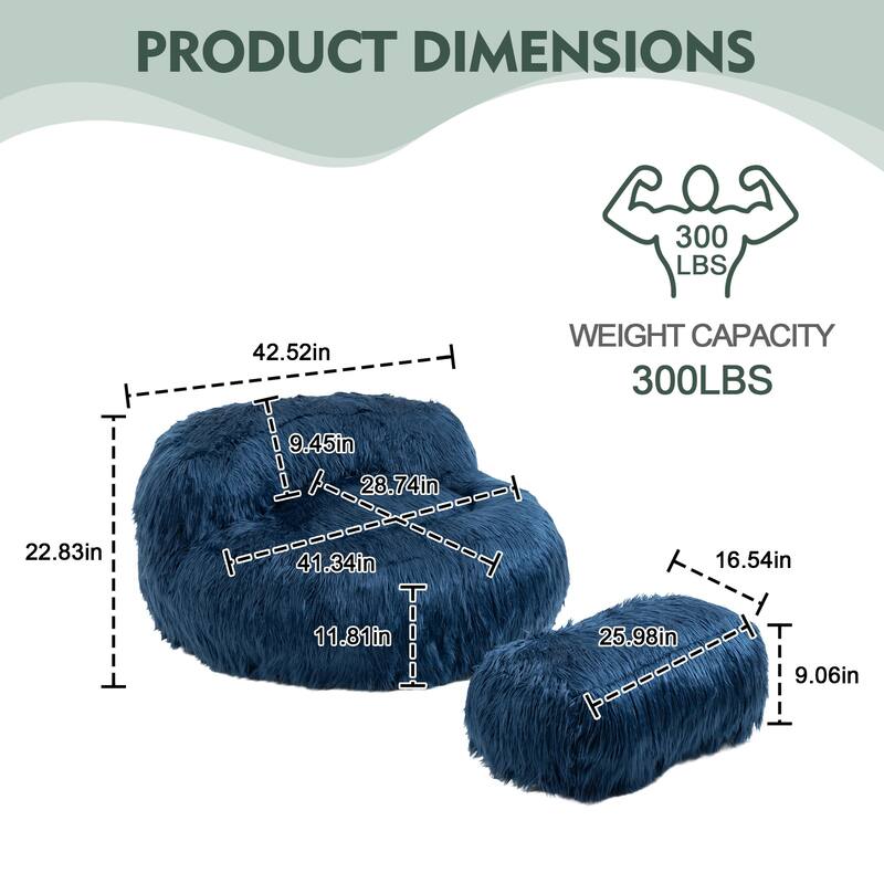 Plush Upholstered Round Comfort Lounger Bean Bag Chair with Ottoman