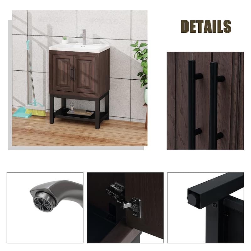 24" Bathroom Vanity with White Ceramic Sink & Hot and Cold Faucet