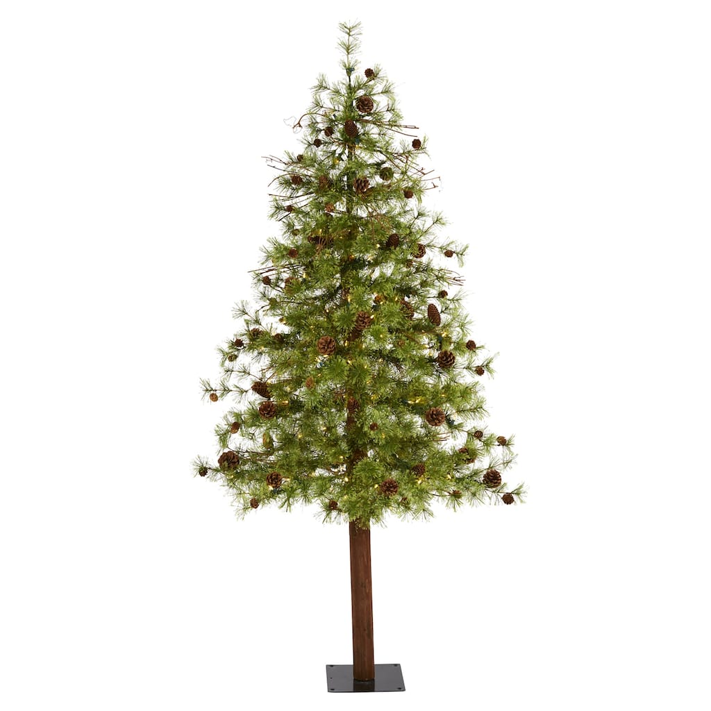 6ft. Alpine Artificial Christmas Tree with 150 Clear Multifunction LED Lights & Pine Cones on Trunk - Rustic Holiday X-Mas Tree