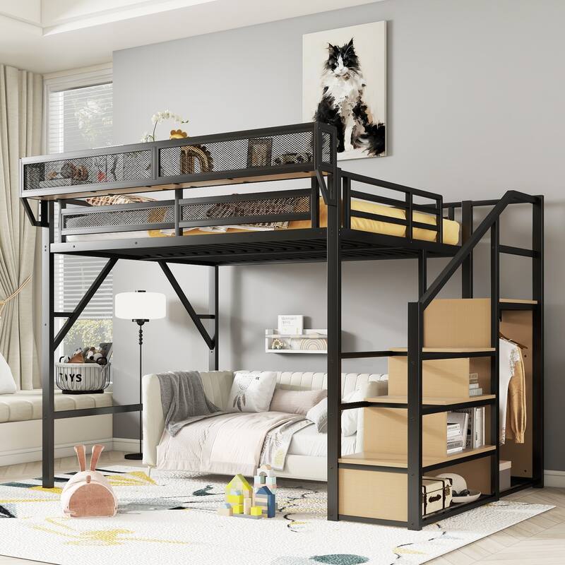 Metal Queen Loft Bed with Stairs Storage Shelves & Wardrobe for Kids Teens Adults - Black - Black