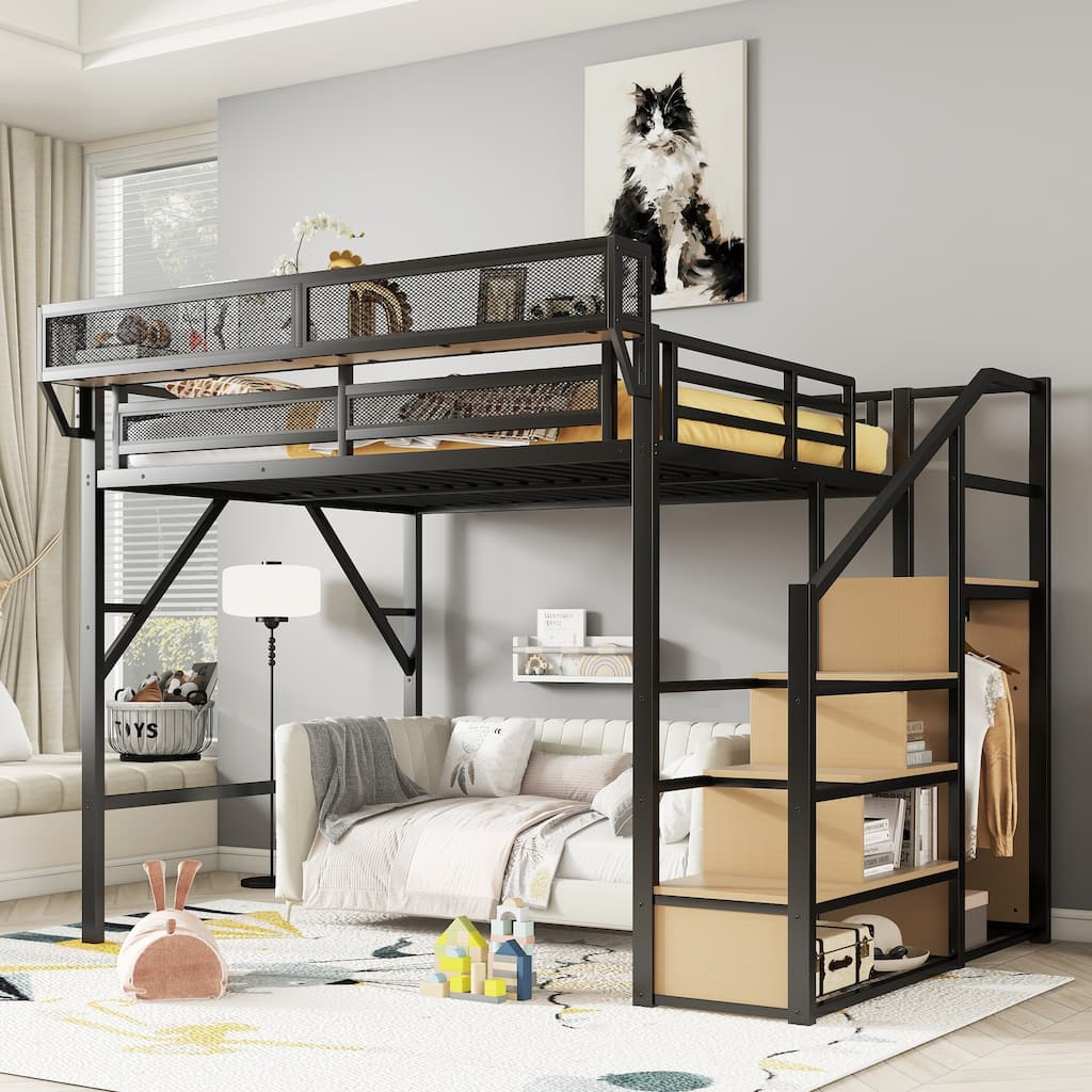 Queen Size Loft Bed with Stairs, Metal Queen Loft Bed with Storage Shelves, High Loft Bed with Wardrobe for Kids Teens Adults
