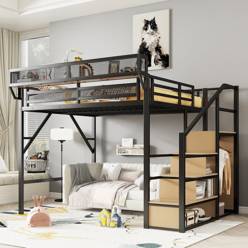 Queen Size Metal Loft Bed with Stairs, Storage Shelves, and Wardrobe for Kids, Teens, and Adults - Black