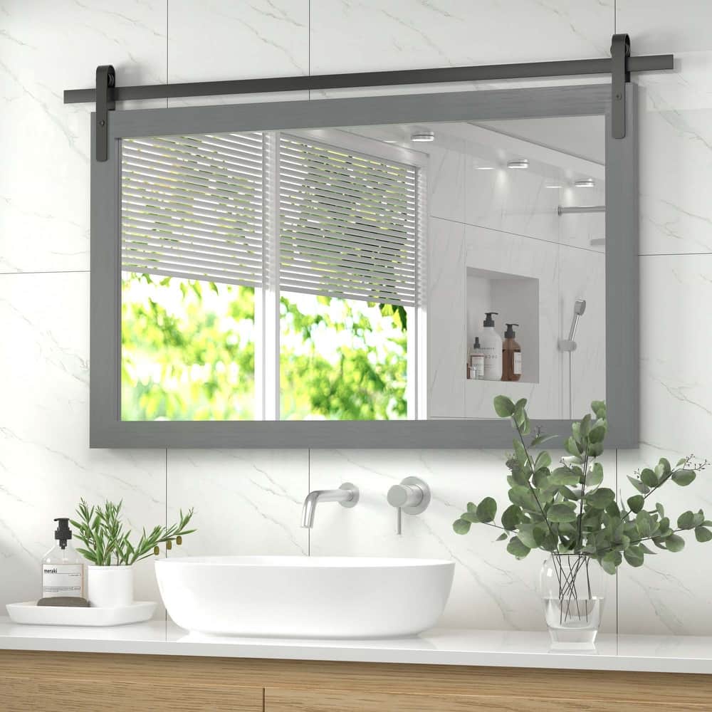 Farmhouse Rectangular Wood Frame Wall Mirror, Rustic Barn Door Bathroom Vanity Mirror