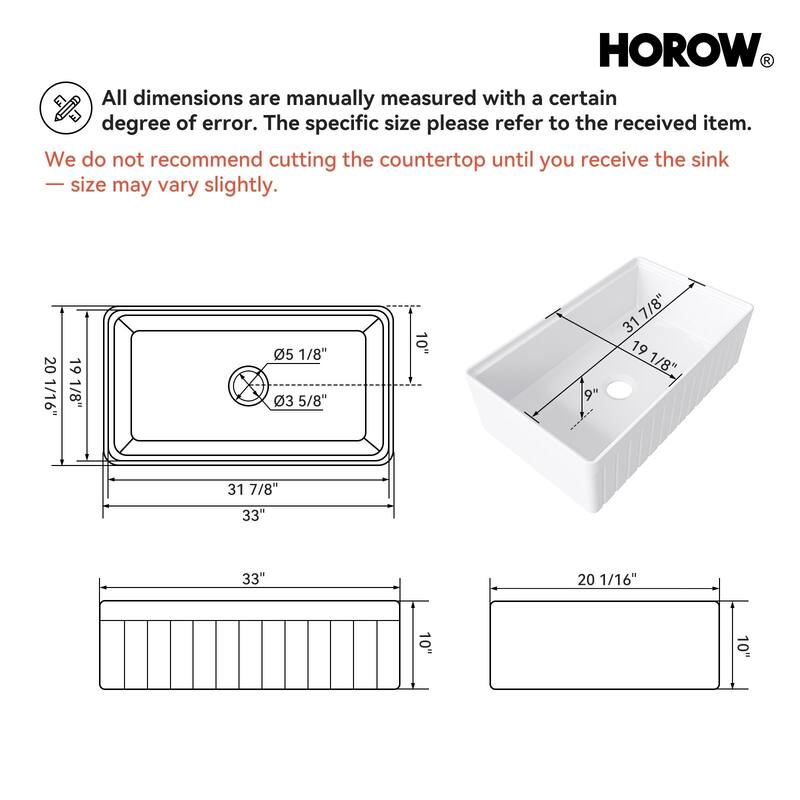 HOROW 33in. Farmhouse/Apron-Front Single Bowl White Fireclay Workstation Kitchen Sink w/Cutting Board,Bottom Grid and Strainer