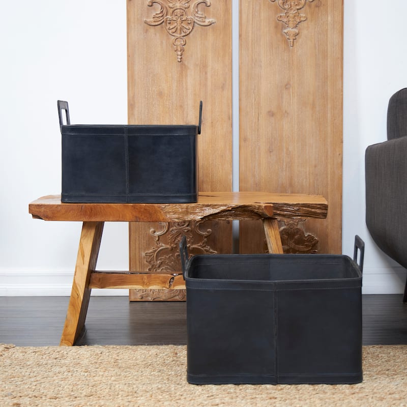 Sleek Leather Modern Storage Basket with Handles (Set of 2) - Dark Blue or Brown