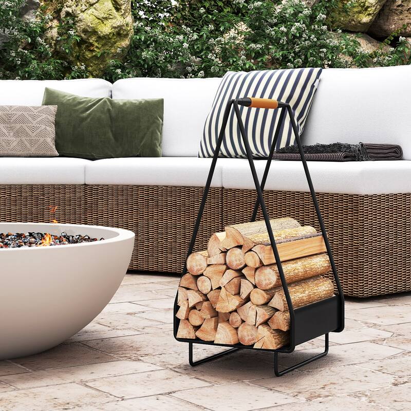 Gymax Firewood Storage Rack w/Handle Square Rack for Pit Stove