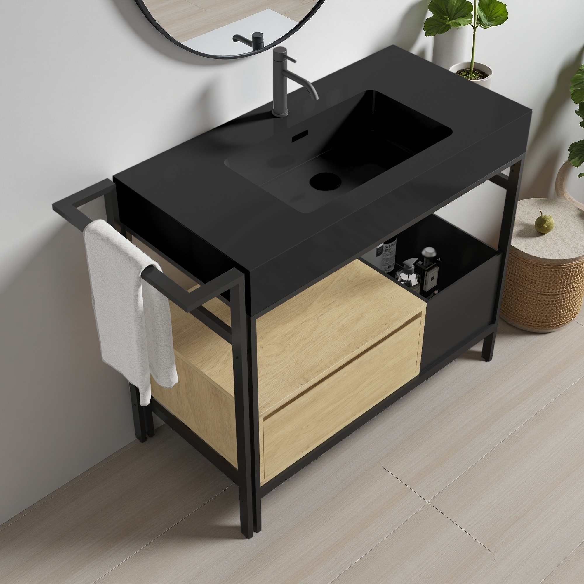 36"/72" Metal Frame Water-Resistant Modular Industrial Bathroom Vanity with Seamless Artificial Stone Basin