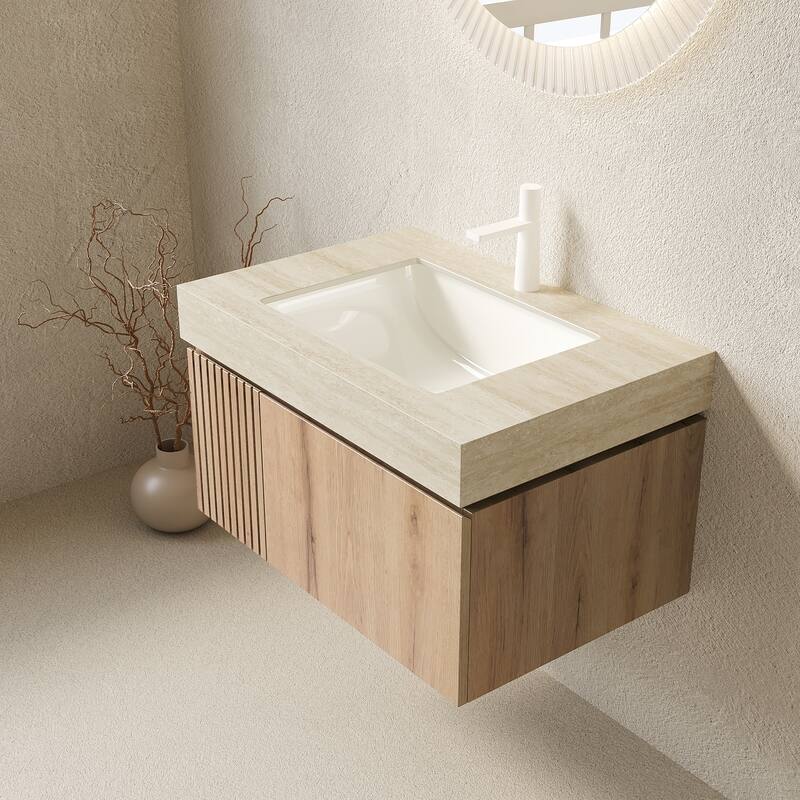 GDFStudio - Muri 30" Floating Bathroom Vanity with Travertine-Pattern Sintered Stone Countertop & Basin, WITHOUT Faucet