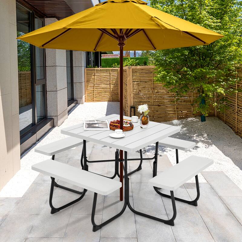 Gymax Outdoor Picnic Table 8-person Square Picnic Table Bench Set w/ 4