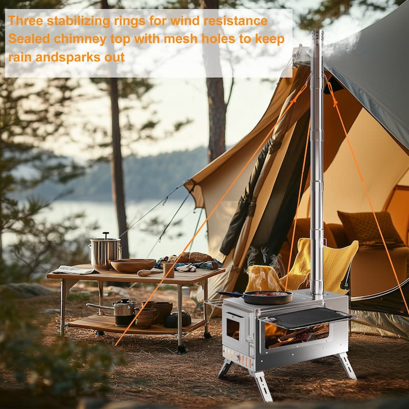 Large Camping Wood Stove, Portable Stainless Steel Hot Tent Stove with 7 chimney pipes