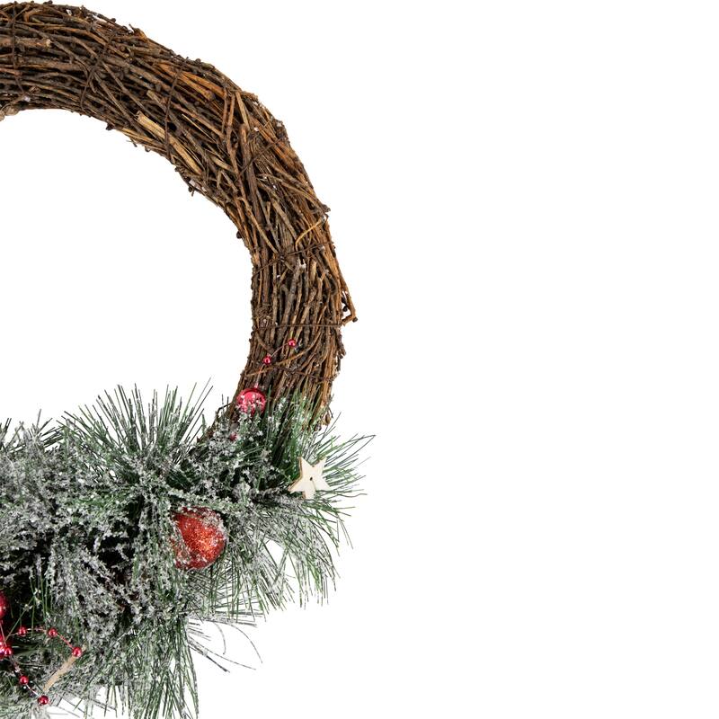 Red Ornaments, Pine Needle & Stars Frosted Christmas Wreath, 13.75-"