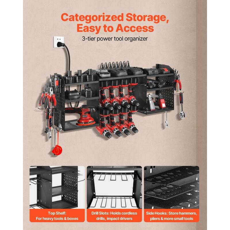 Black 3-Tier Tool Rack with 8-Outlet Strip Adjustable Shelves Pegboard for Workshop - 50.89 x 8.66 x 16.54 in