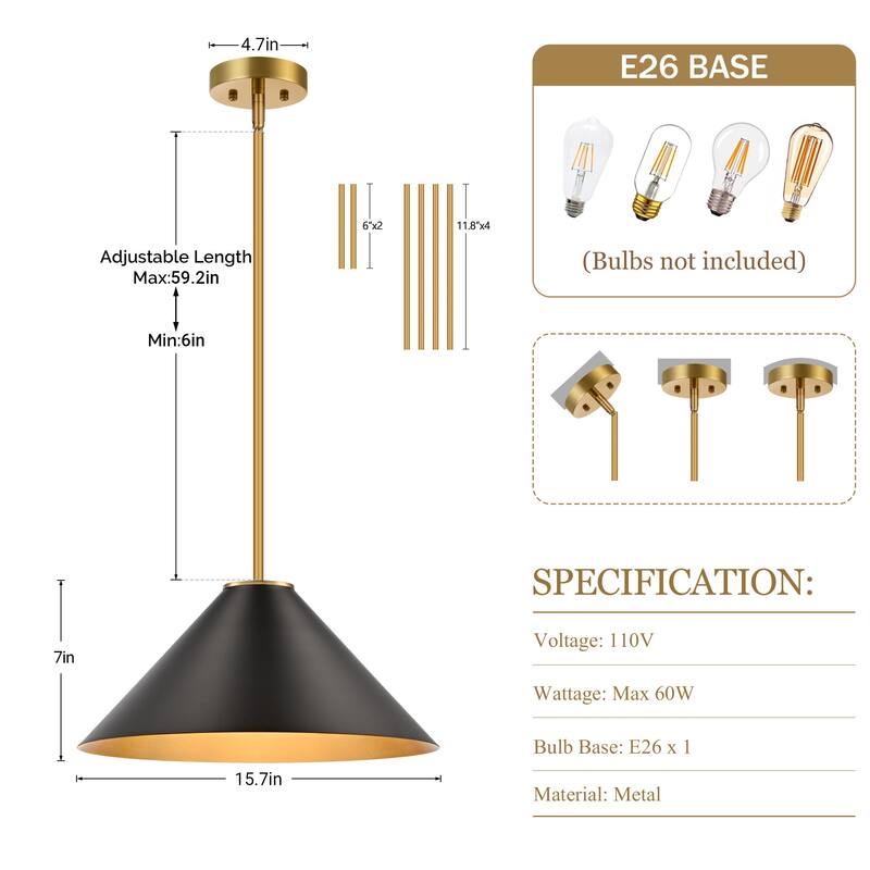 LamQee 1 -Light Metal Cone Pendant Light Adjustable Hanging Lighting - 15.7inch