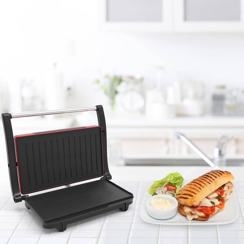 Panini Press - Sandwich Maker with Nonstick Plates by Chef Buddy (Red)