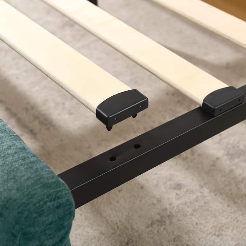 Thick Fabric Upholstered Bed Frame, Low Profile Storage Platform Bed with 4 Storage Drawers, Metal Legs and Wood Slat Support