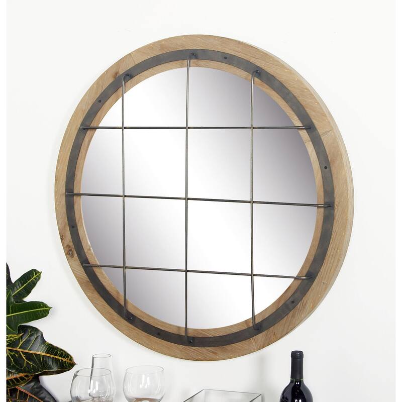 Wood Room Wall Mirror with Grid - Brown - Roche River Decor