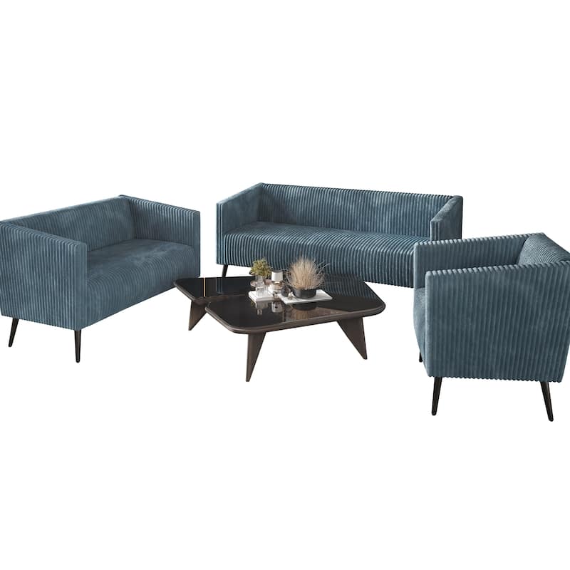 CraftPorch Corduroy Modern and Glamorous Velvet Upholstered 3-Piece Living Room Set - Light Blue