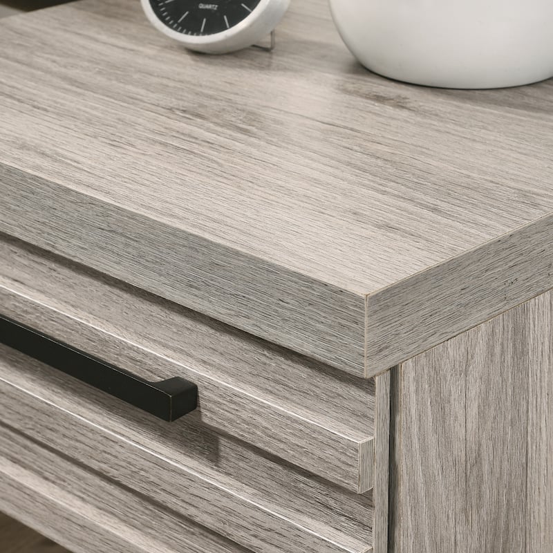 Roundhill Furniture Alvear Upholstered Wood Panel Bed, Dresser, Mirror, and 2 Nightstands, Weathered Gray