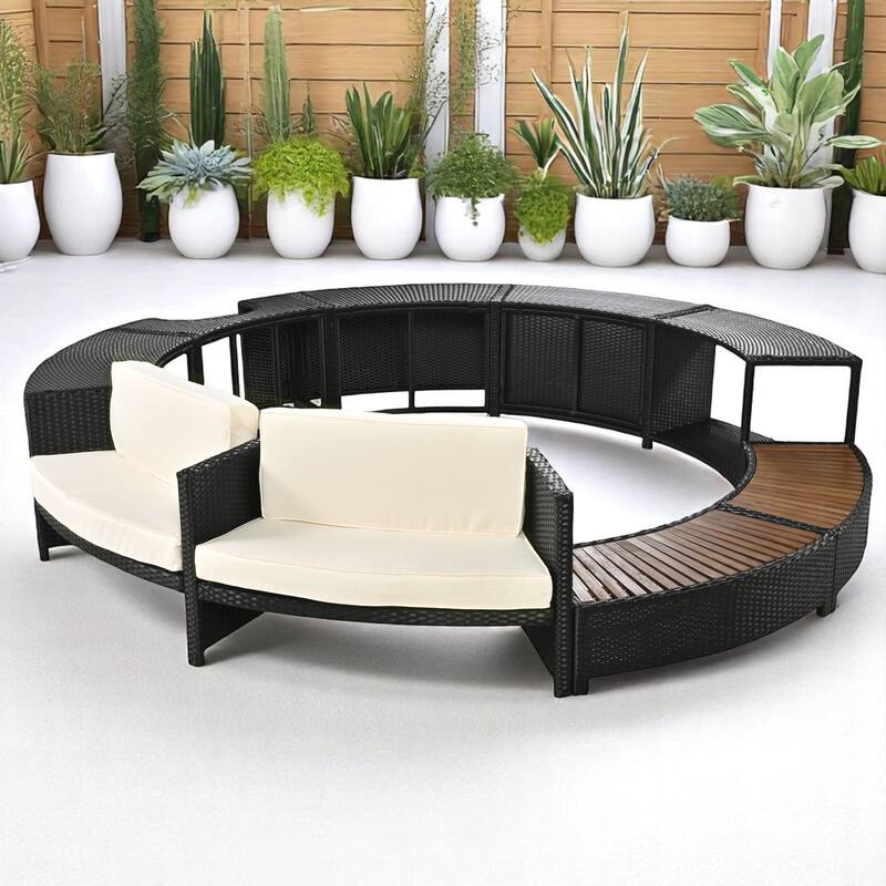 4-Piece Outdoor Patio Spa Surround Furniture Set with Cushioned and Wooden Seating, Mini Sofa, Storage Cabinet