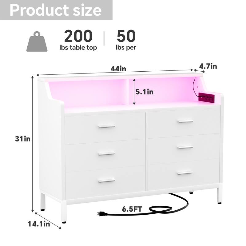6 Drawers Dresser with Charge Station and LED Light, Closet Organizer for Bedroom