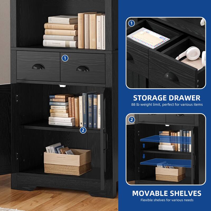 Moasis 71"/68" Tall Arched Bookshelf with Storage, Arched Bookcase with 2 Drawers and Doors